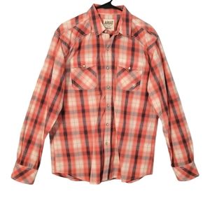 Ariat Retro Fit Shirt Mens Large Snap Button Orange Plaid Western